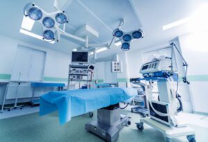 Modern equipment in operating room. Medical devices for neurosurgery. Intravenous drip bag on the ready for use in the hospital room.