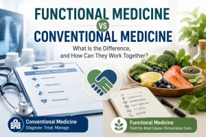 Functional medicine vs conventional medicine showing clinical care, nutrition, lifestyle, and personalized treatment approaches.