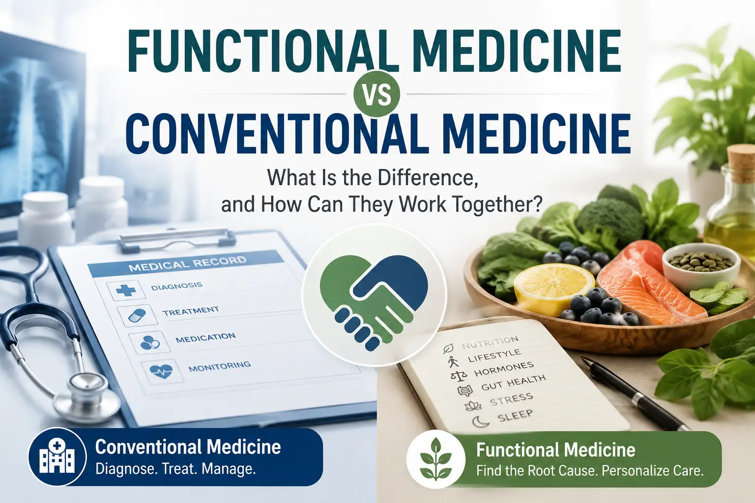 Functional medicine vs conventional medicine showing clinical care, nutrition, lifestyle, and personalized treatment approaches.