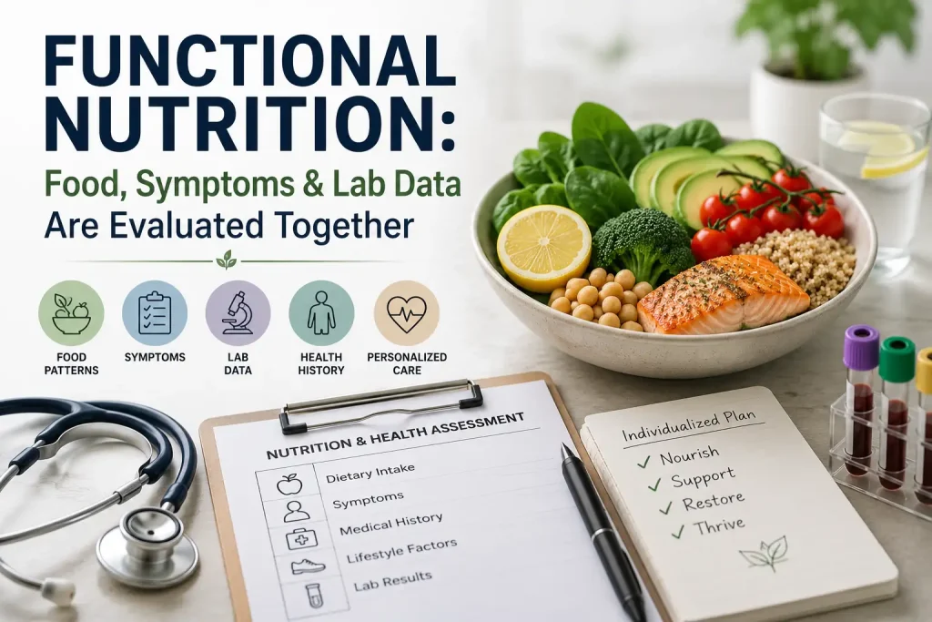 Functional nutrition evaluation combining food patterns, symptoms, health history, and laboratory data for personalized care.