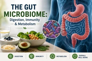 Gut microbiome showing how intestinal microorganisms support digestion, immune function, and metabolism.
