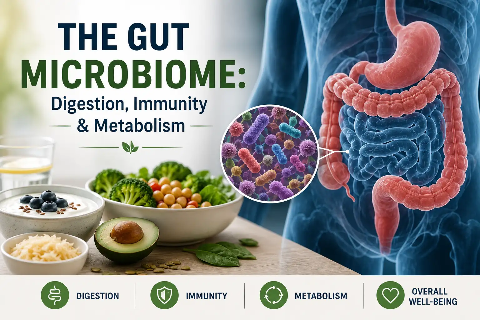 Gut microbiome showing how intestinal microorganisms support digestion, immune function, and metabolism.