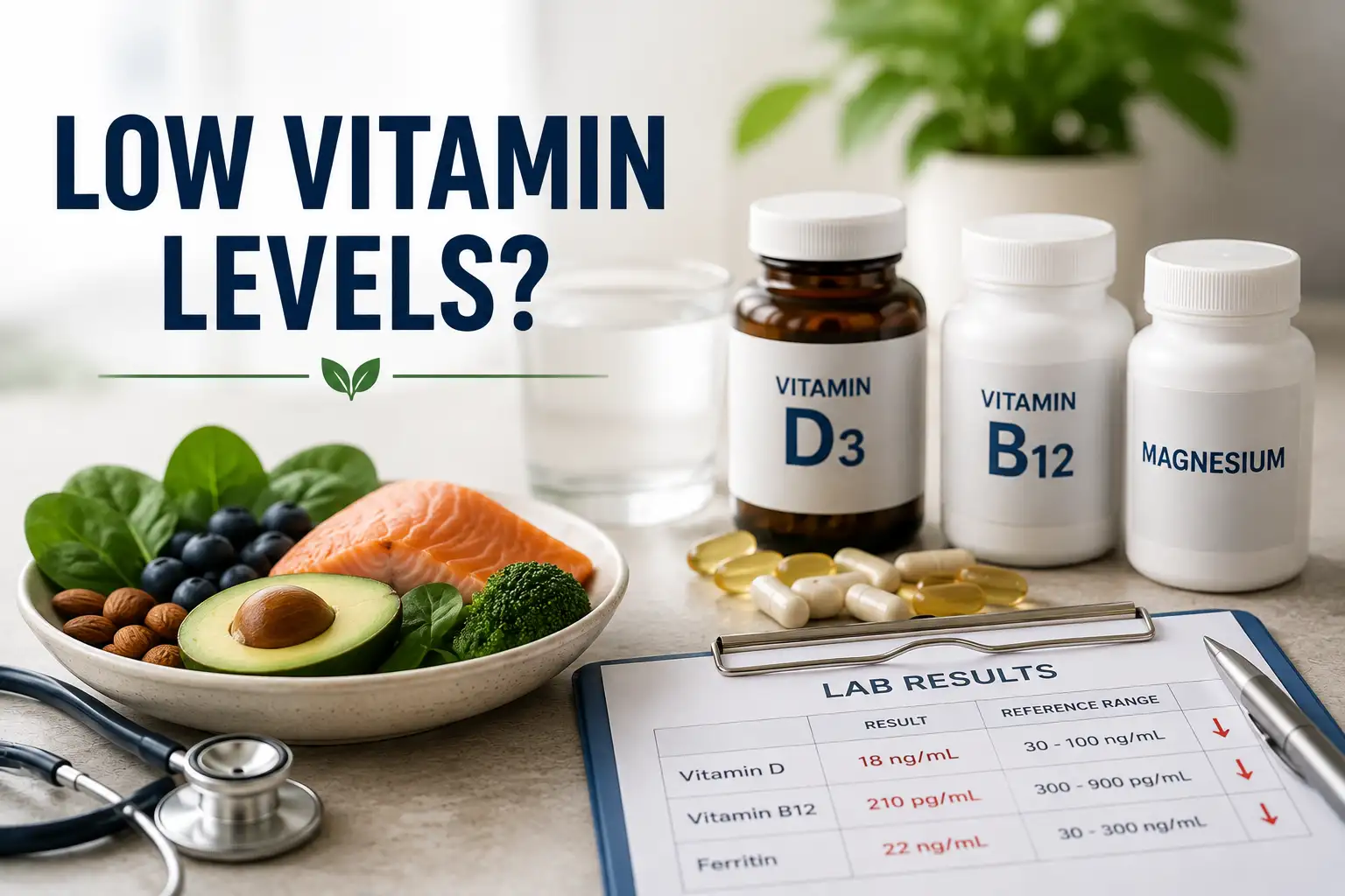 Low vitamin levels despite taking supplements, with vitamin D and B12 supplements, healthy foods, and laboratory test results.