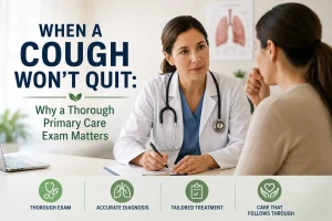 Primary care doctor evaluating a patient with a persistent cough during a thorough medical exam.