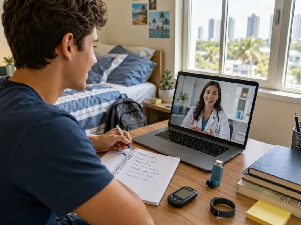 College student using telehealth for follow-up care and chronic condition management