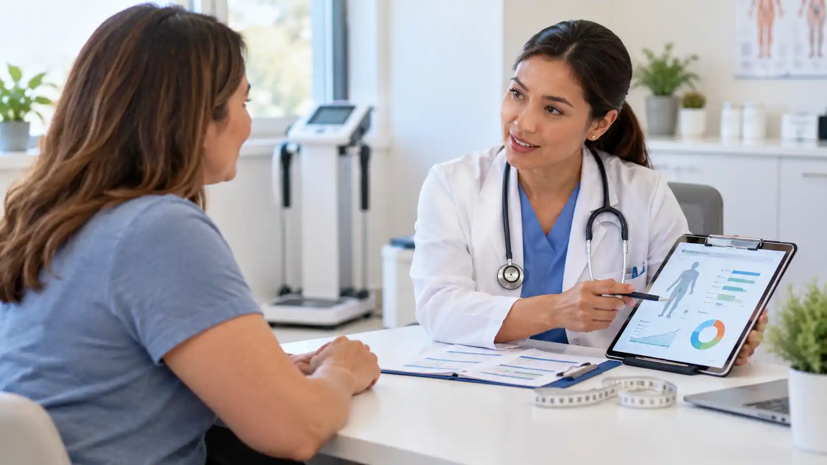 Healthcare provider discussing metabolic evaluation results with a patient during a medical weight loss consultation